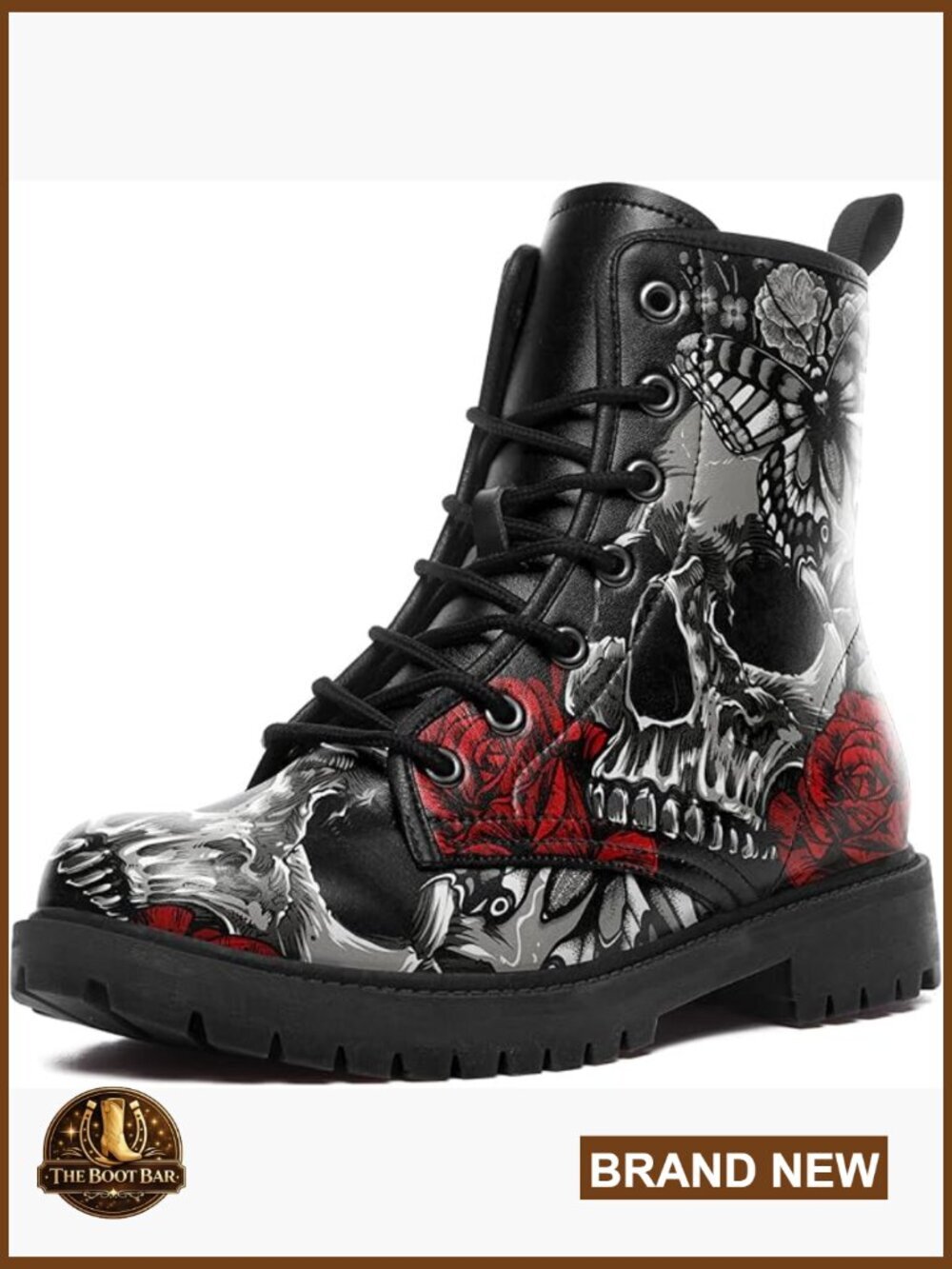 Custom Lace-Up Combat Boots with Skull Rose Design Chunky Heel Platform Ankle